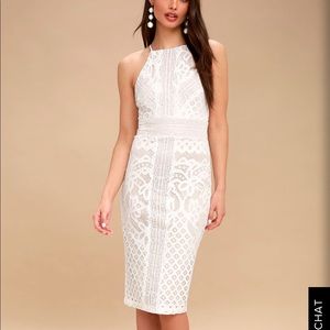 Lulu’s Nude and White Lace Bodycon Midi Dress